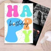 Tarjeta de cumpleaños con tipografía retro colorid