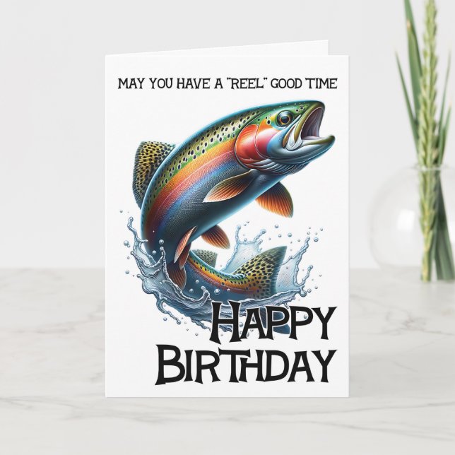 Tarjeta de cumpleaños con trucha y carrete (Anverso)