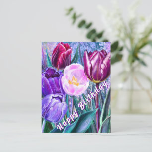 Tarjeta de cumpleaños con tulipanes coloridos
