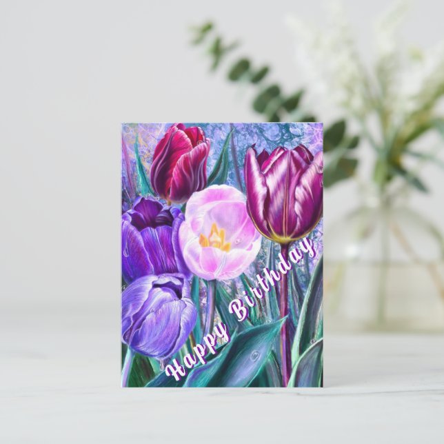 Tarjeta de cumpleaños con tulipanes coloridos (Anverso de pie)