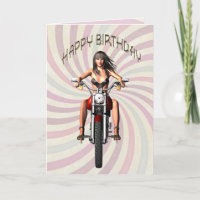 Tarjeta de cumpleaños con un chica de moto