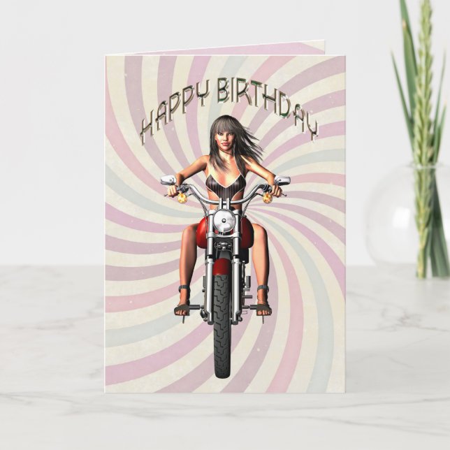 Tarjeta de cumpleaños con un chica de moto (Anverso)