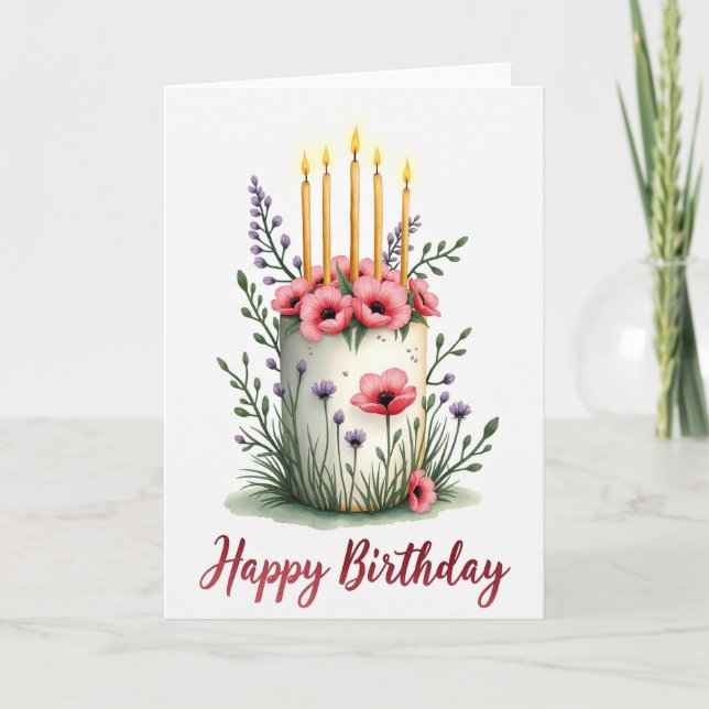 Tarjeta de cumpleaños con velas y flores rosadas (Anverso)