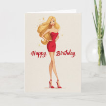 Tarjeta de cumpleaños con vestido mini rojo glamur