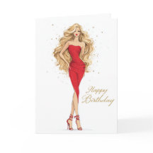 Tarjeta de cumpleaños con vestido rojo audaz y her