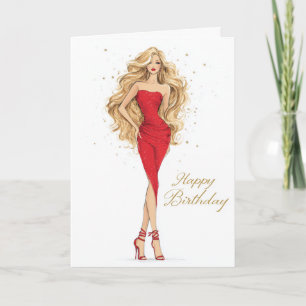 Tarjeta de cumpleaños con vestido rojo audaz y her