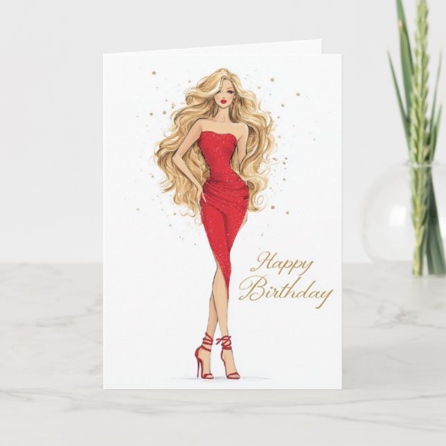 Tarjeta de cumpleaños con vestido rojo audaz y her (Anverso)