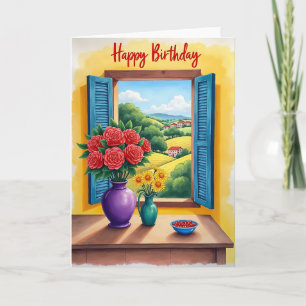Tarjeta de cumpleaños con vista a la ventana