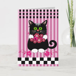 Tarjeta de cumpleaños corta con gato ofreciendo fl