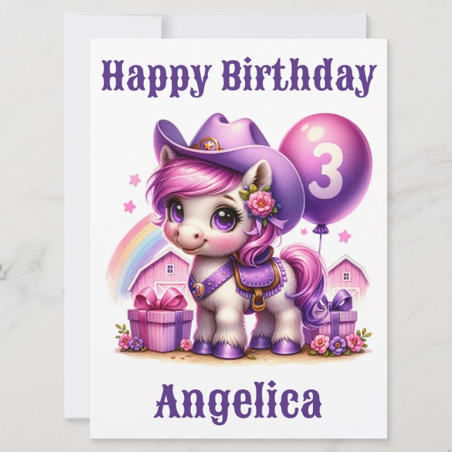 Tarjeta de cumpleaños Cowgirl Pony de 3 años (Anverso)
