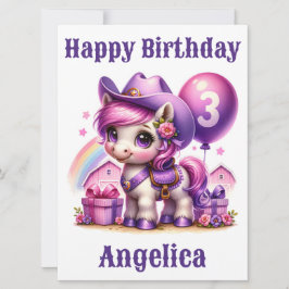 Tarjeta de cumpleaños Cowgirl Pony de 3 años