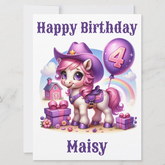 Tarjeta de cumpleaños Cowgirl Pony de 4 años (Anverso)