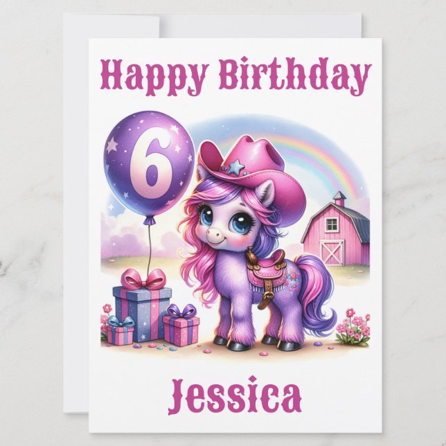 Tarjeta de cumpleaños Cowgirl Pony de 6 años (Anverso)