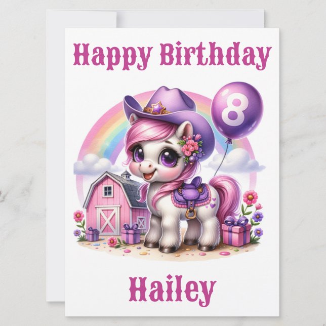 Tarjeta de cumpleaños Cowgirl Pony de 8 años (Anverso)