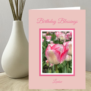 Tarjeta de cumpleaños cristiana con tulipanes rosa
