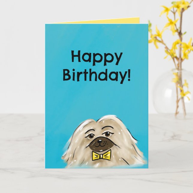 Tarjeta de cumpleaños cristiana (Pekingese) (flor amarilla)