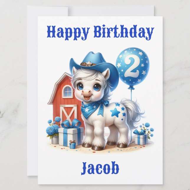 Tarjeta de cumpleaños Cute Cowboy Pony de 2 años (Anverso)