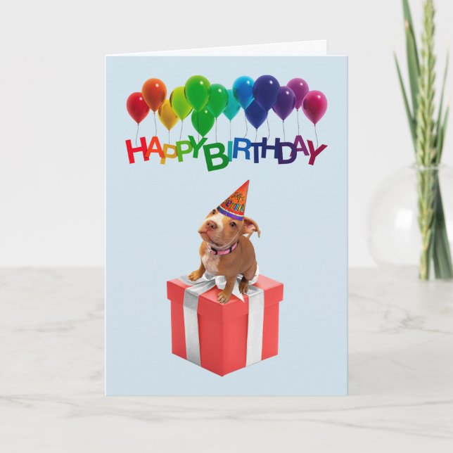 Tarjeta de cumpleaños Cute Dog On Gift Box (Anverso)