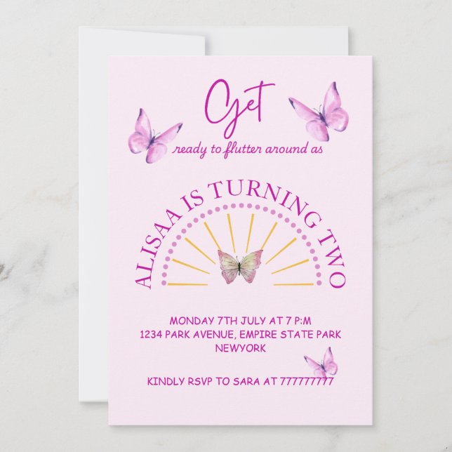 Tarjeta de cumpleaños Cute Pink and Purple Butterf (Anverso)