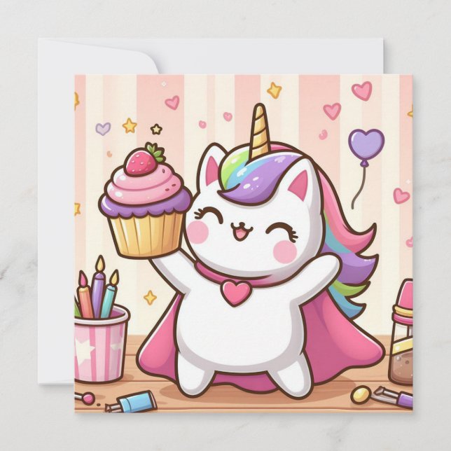 Tarjeta de cumpleaños Cute Unicorn Cat (Anverso)