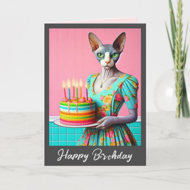 Tarjeta de cumpleaños | Dama de gato Sphynx con pa (Anverso)