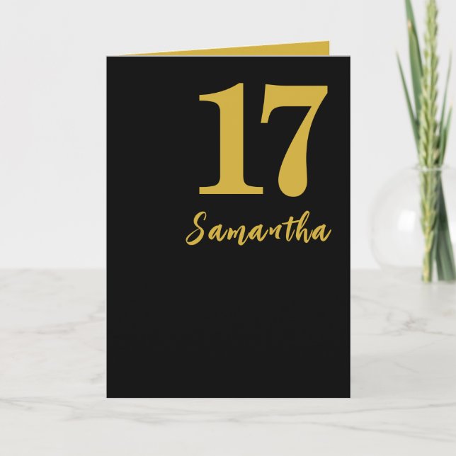 Tarjeta de cumpleaños de 17 años, negro y oro (Anverso)