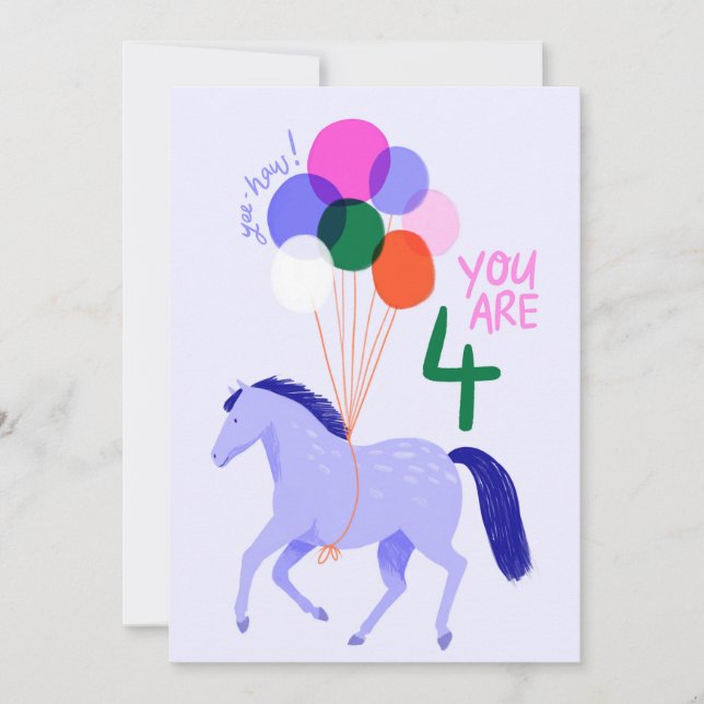 Tarjeta de cumpleaños de 4 años con caballos y glo (Anverso)