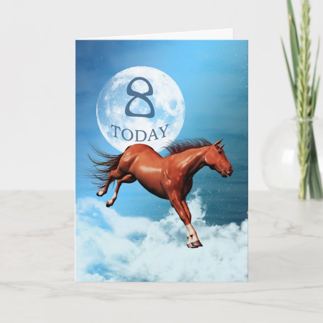 Tarjeta de cumpleaños de 8 años con caballo de esp (Anverso)
