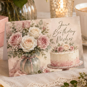 Tarjeta de cumpleaños de acuarela de junio con ros