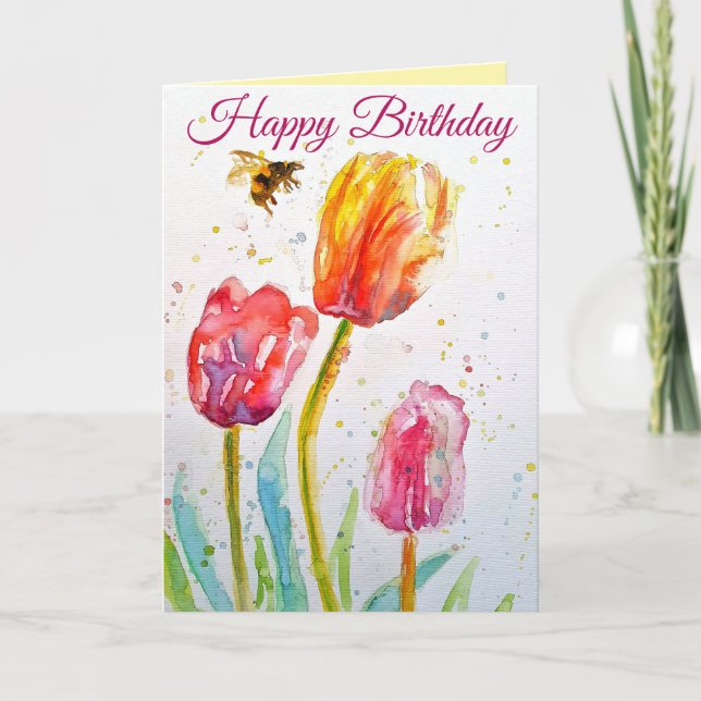 Tarjeta de cumpleaños de acuarela de tulipán y abe (Anverso)