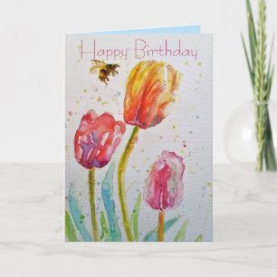 Tarjeta de cumpleaños de acuarela de tulipán y abe