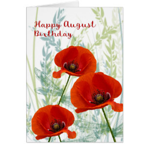 Tarjeta de cumpleaños de agosto con amapolas