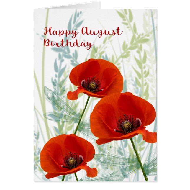 Tarjeta de cumpleaños de agosto con amapolas (Frente)