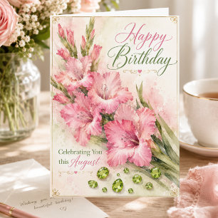 Tarjeta de cumpleaños de agosto con gladiolos rosa