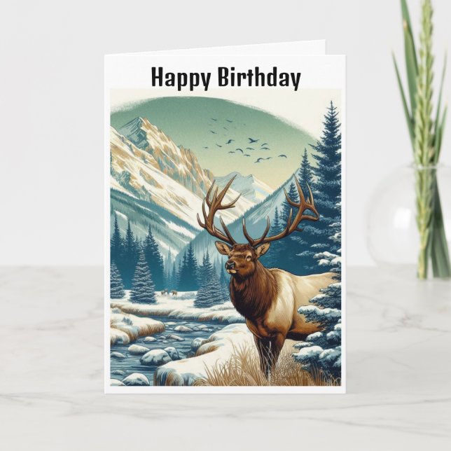 Tarjeta de cumpleaños de alce toro acuarela Montañ (Anverso)