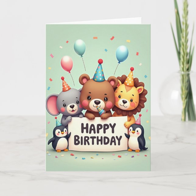 Tarjeta de cumpleaños de amigos animales alegres (Anverso)