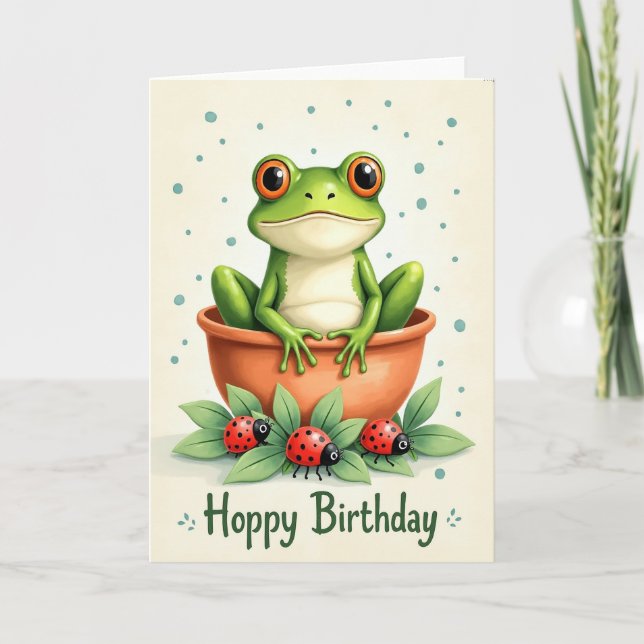 Tarjeta de cumpleaños de anfibio en maceta dulce (Anverso)