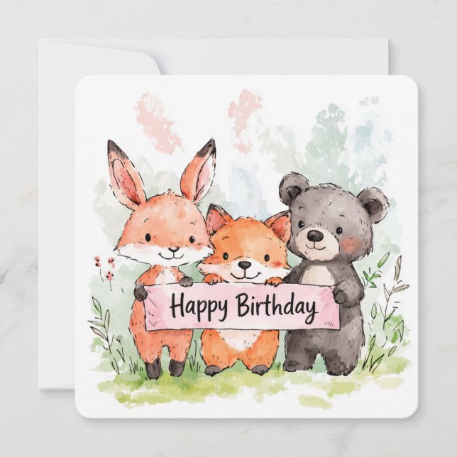 Tarjeta de cumpleaños de animal del bosque acuarel (Anverso)