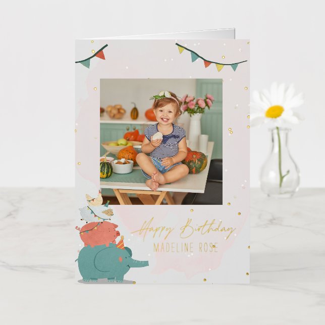 Tarjeta de cumpleaños de animales de fiesta para n (Flor pequeña)