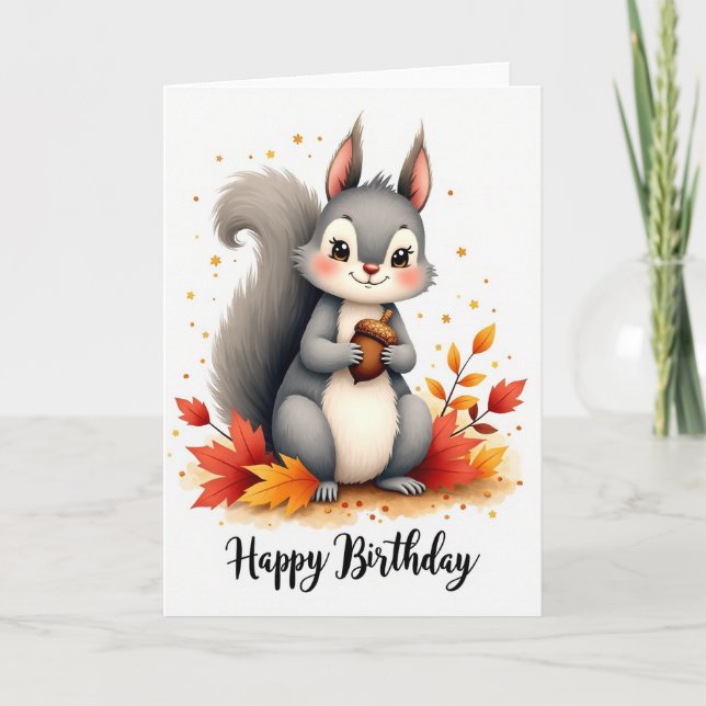 Tarjeta de cumpleaños de ardilla de otoño con bell (Anverso)