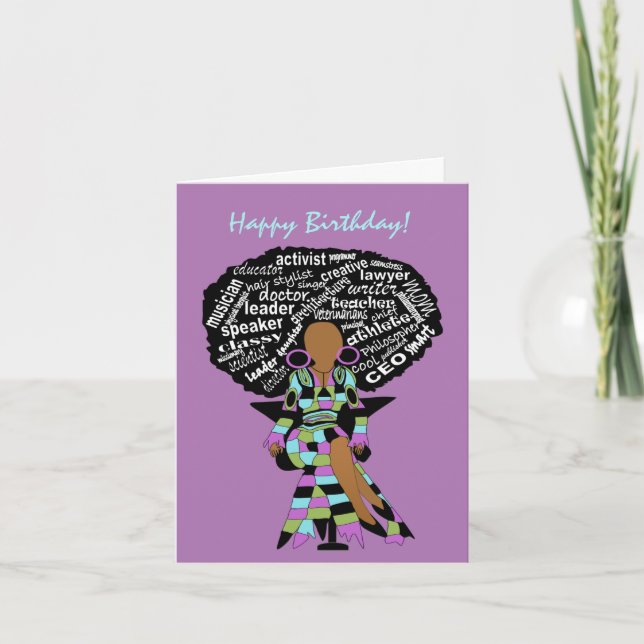 Tarjeta de cumpleaños de arte Word para mujer afro (Anverso)