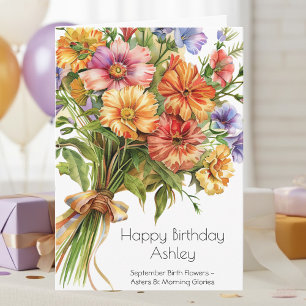 Tarjeta de cumpleaños de asteres, flor de nacimien