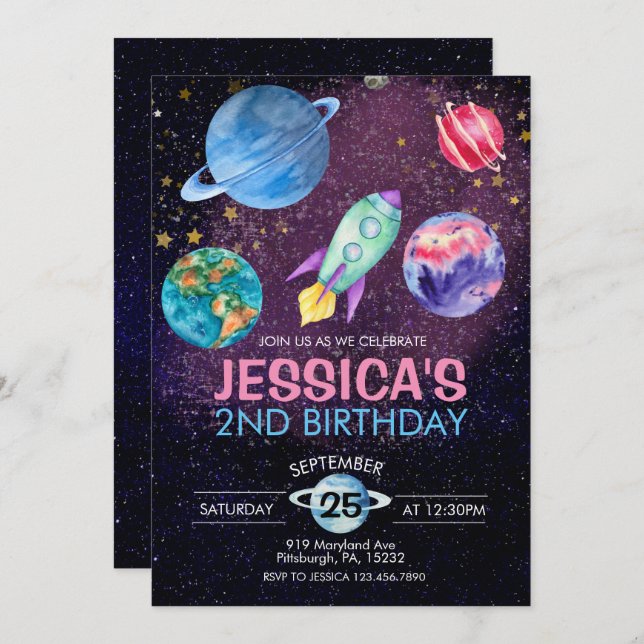 Tarjeta de cumpleaños de astronauta para fiesta de (Anverso / Reverso)