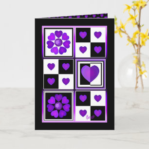 Tarjeta de cumpleaños de B&W Purple Hearts Beating