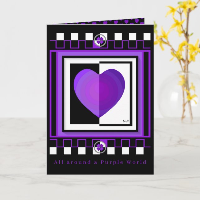 Tarjeta de cumpleaños de B&W Purple Hearts Beating (flor amarilla)