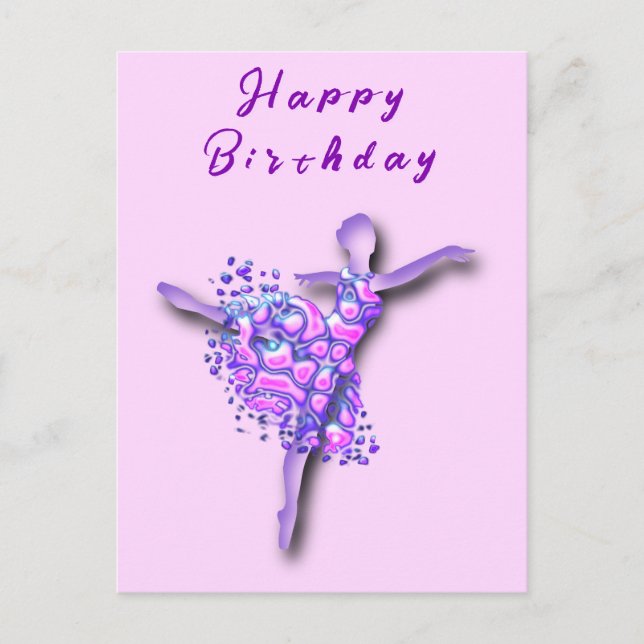 Tarjeta de cumpleaños de bailarina en morado (Anverso)
