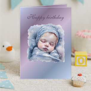 Tarjeta de cumpleaños de bebé durmiendo con acuare