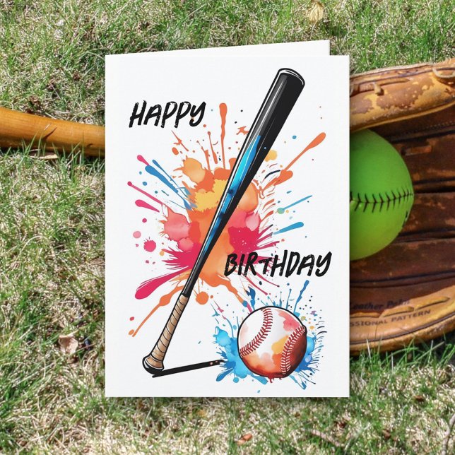 Tarjeta de cumpleaños de béisbol con bate y pelota (Subido por el creador)