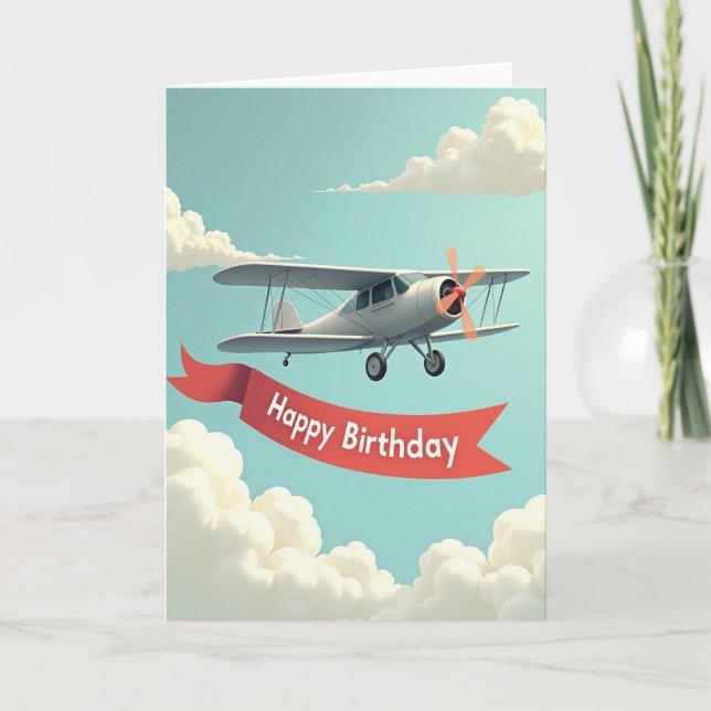 Tarjeta de cumpleaños de biplano en el cielo (Anverso)