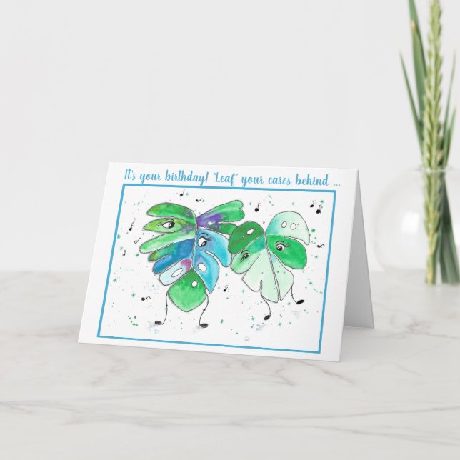 Tarjeta de cumpleaños de Blue Green Dancing Leaves (Anverso)